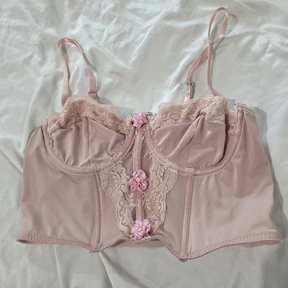 Womens Pink Corset Top Size Xs Rosette Floral Roses Coquette Fairy